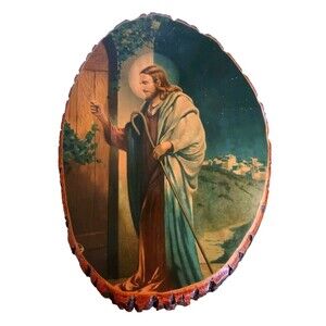 Vtg Jesus Christ Knocking Decoupage Wall Hanging Wood Slice Religious Wall Art